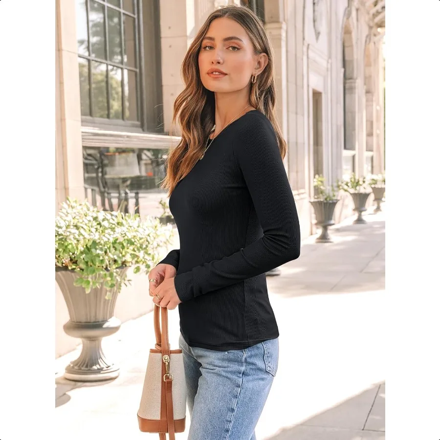 Camisas femininas com nervuras AUTOMET, gola redonda, tops justos, casuais, camada slim, camisetas básicas