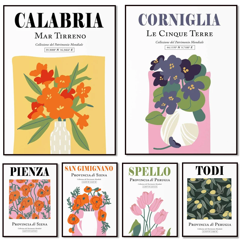 Spello Umbria, Gubbio, Calabria Tyrrhenian and Ionian Sea, San Gimignano, Siena region, Tuscany Italy aesthetic floral poster