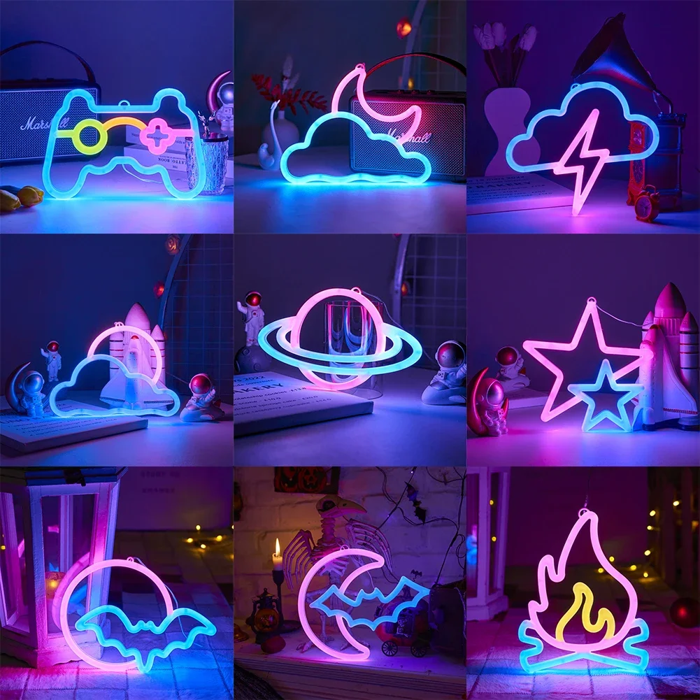 Gamepad Feuer Mond Stern LED Helle Neon Licht Nacht Zeichen Modellierung Lampe Zimmer Wand Kunst Dekoration Großhandel Weihnachten Geburtstag Hochzeit