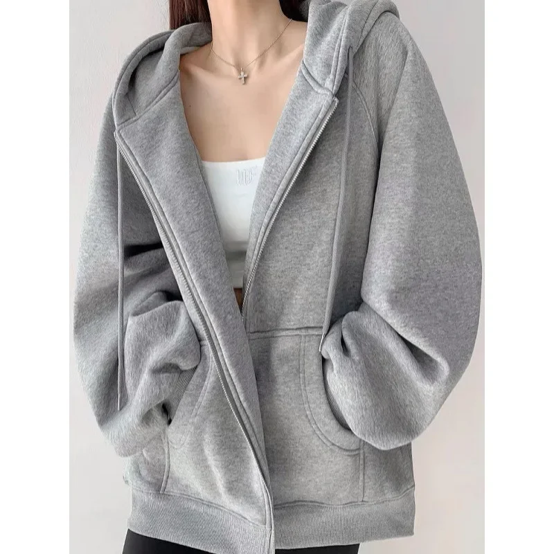 Thickened Fleece-Lined Sweatshirt Women's Loose-Fit Casual Slimming Petite Hooded Zip-Up Jacket Cardigan