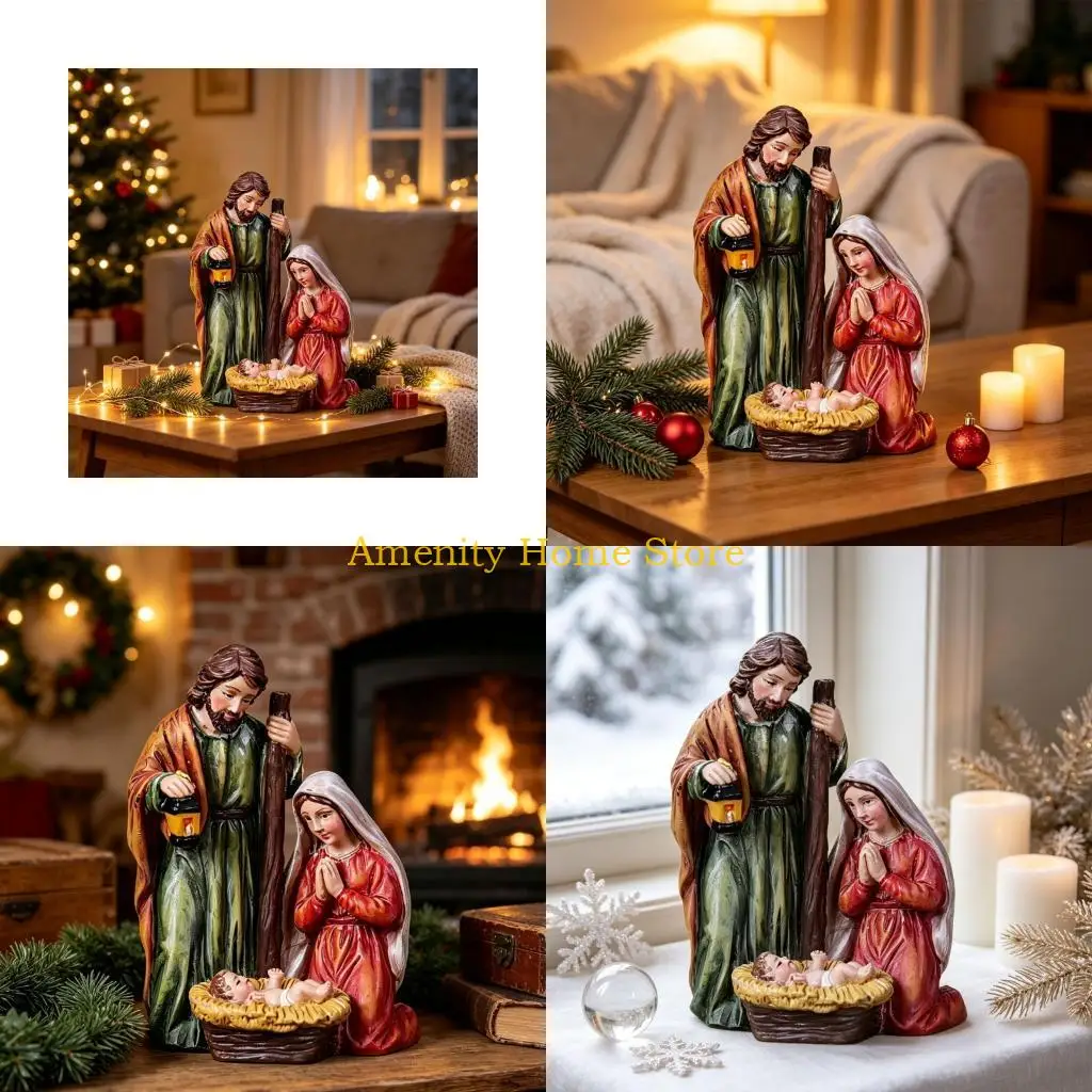 F26C Resin Holy Family Figurine, Christmas Nativity Scene Statue for Holiday Display