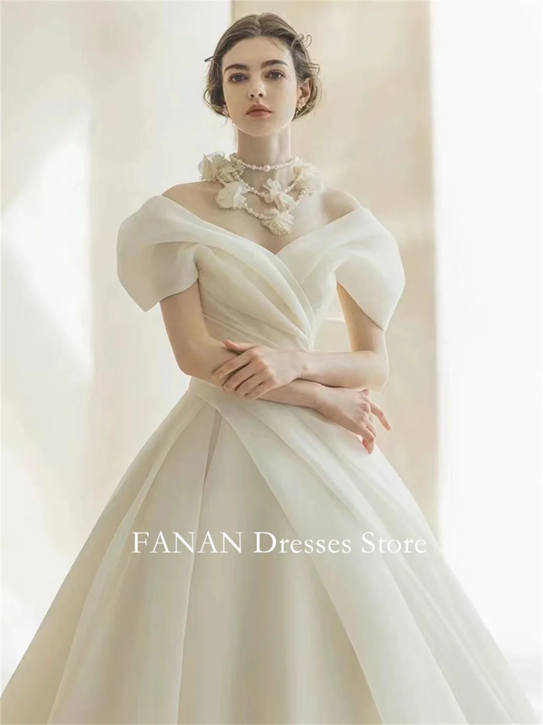 FANAN Off-Shoulder Korea Ivory Corset Back Ball Gowns Wedding Dresses 웨딩드레스 Organza Customized Pretty  Bride Gowns Plus Size