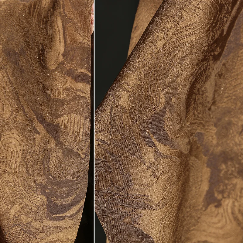 Golden Coffee Color Cloud Winding Green Mountain Texture Jacquard Chinese Style Jacket Horse Face Skirt Clothing Designer Fabric