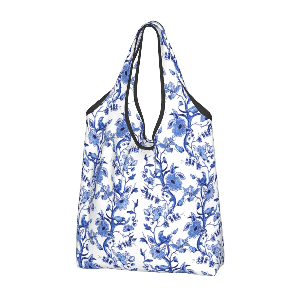 Chinoiserie Birds On Branches Stylized Floral Shopping Bag Women Portable Large Capacity Groceries Delft Blue Shopper Tote Bags