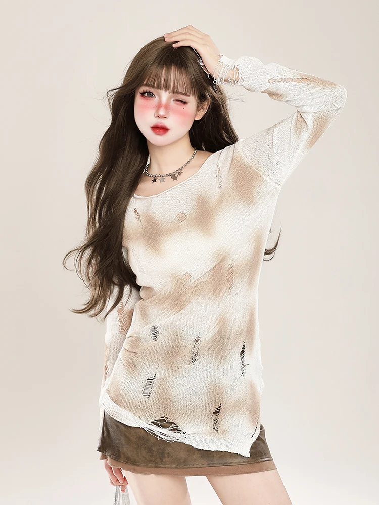 Design Sensation Tie Dye Hole Long Sleeve Knitted T Shirt Cover up Women Early Autumn Hot Girl Slim Fit Shoulder Exposure Sun...