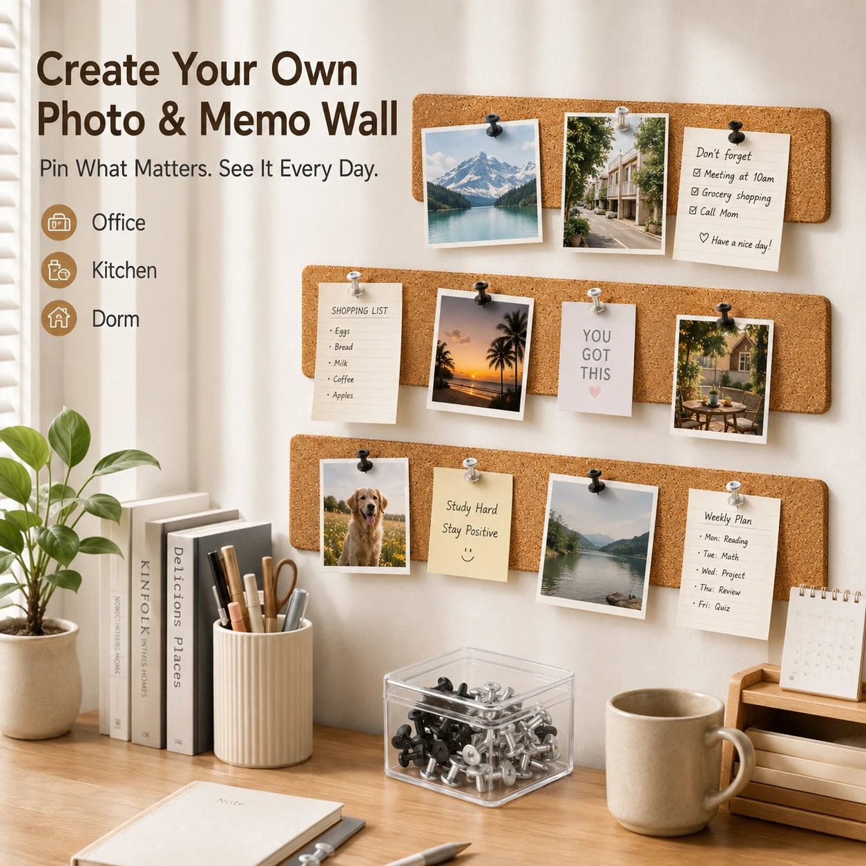 1-3Pcs 30x5cm Self-Adhesive Cork Board Strip, Frameless Bulletin Pin Board Panel for Memo Notes Photo Display Notice Board