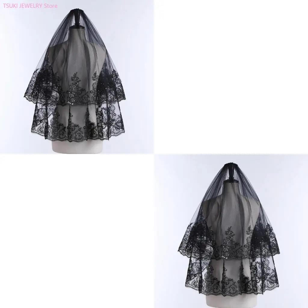 

62KE Halloween Black Veil Headpiece Soft Tulle Veil Breathable NonFade Unisex Accessory Haripiece for Costume Parties