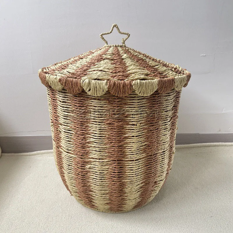 Винтажная тканая корзина для хранения, напольная корзина для игрушек, закусок, сортировочная коробка, многоцелевой бытовой органайзер, корзина для белья с крышкой