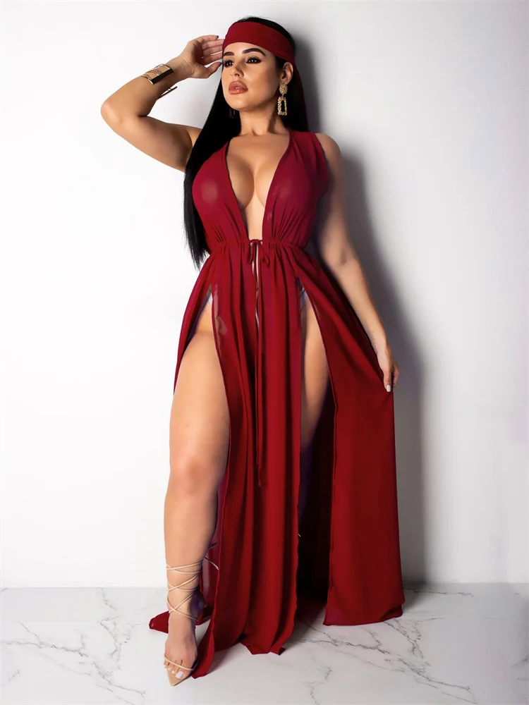 JRRY Sexy Women Slit Maxi Dresses Spaghetti Strap Chiffon Long Dress Deep V Neck Beach Dress Sashes Cloak Dress Plus Size XXL