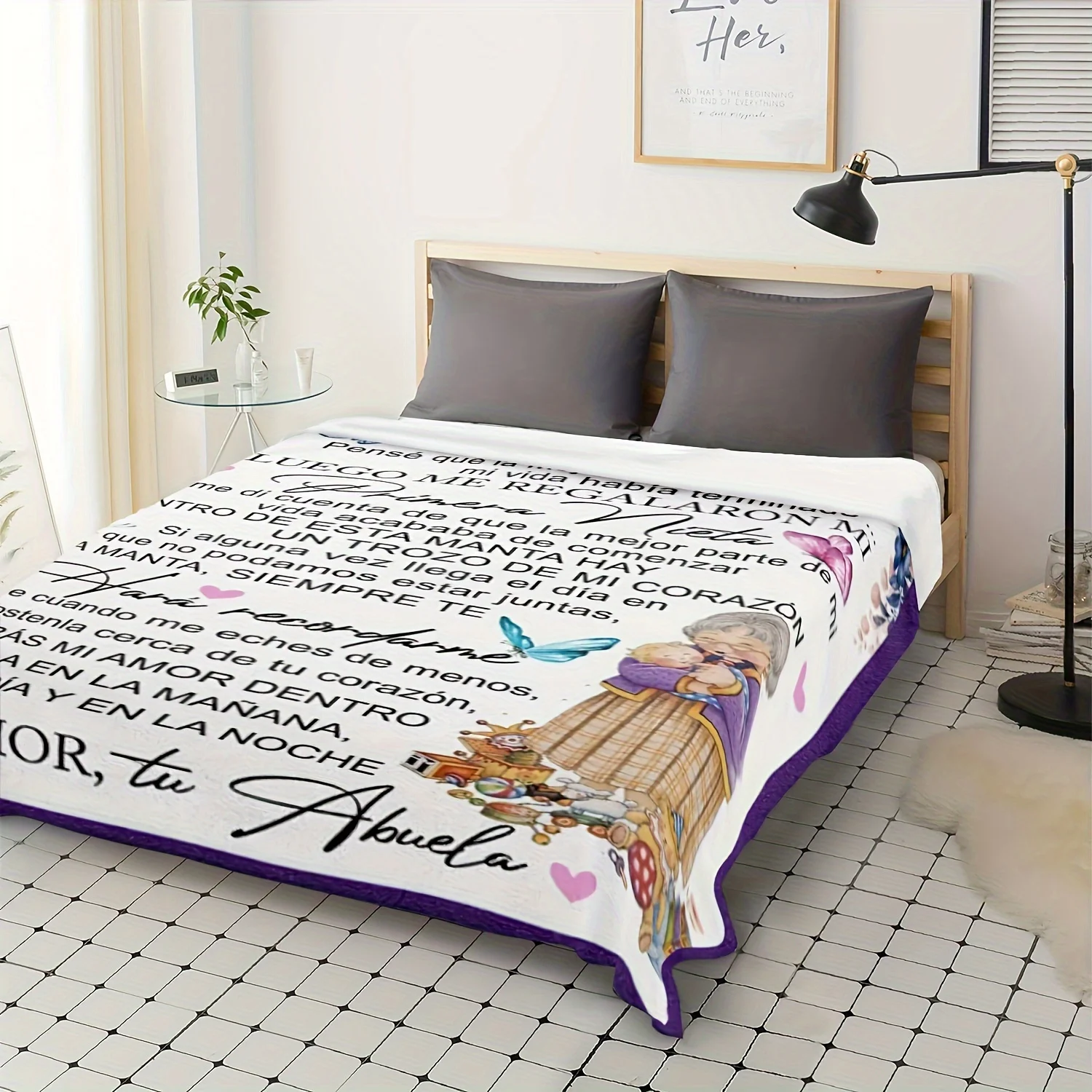 1 manta encantadora con letras en español con estampado de mariposas y flores, regalo de abuela a nieta defelt corazón, franela