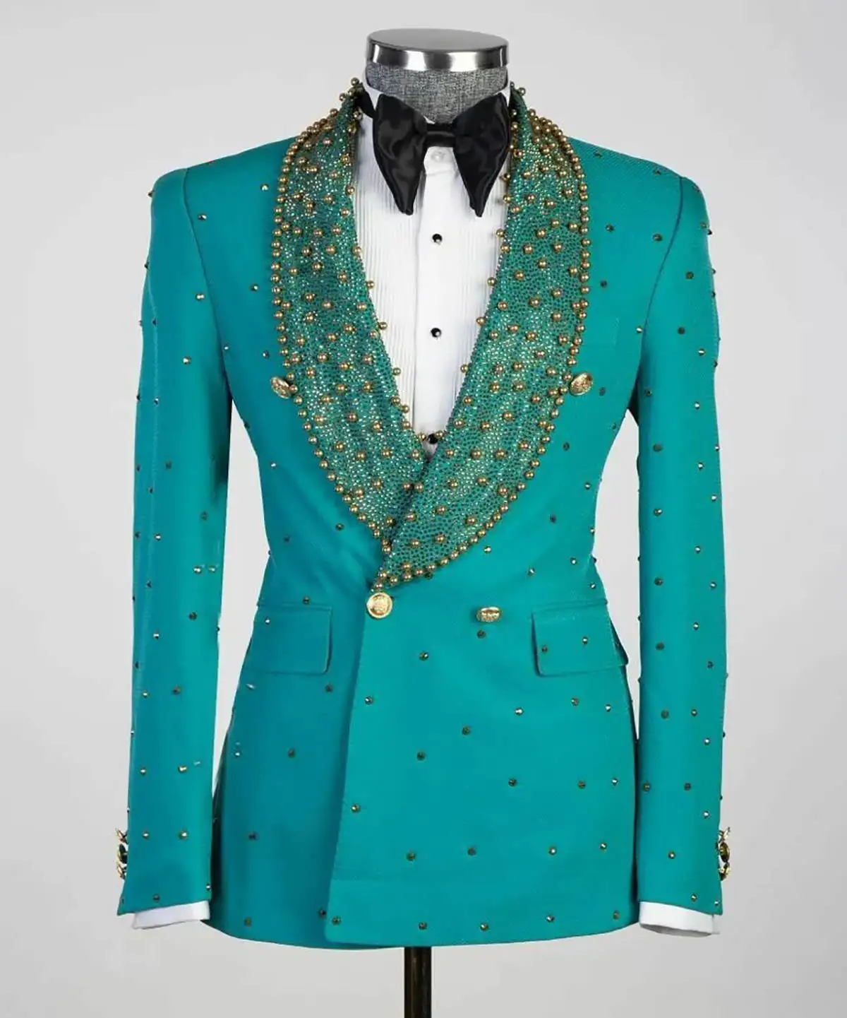 패션 비즈 장식 남성 정장, 웨딩용 더블 숄 라펠 브레스티드 신랑 예복 턱시도, 비즈니스 맞춤 제작 2피스 재킷 팬츠