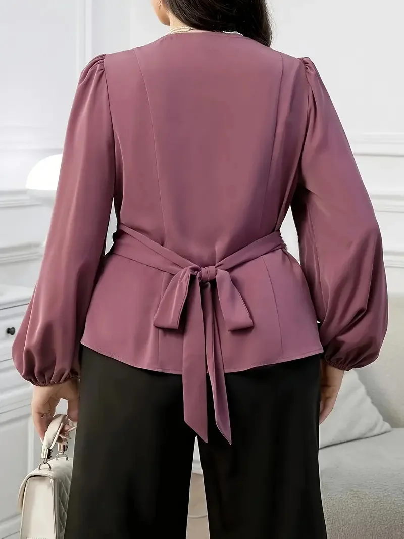 GIBSIE Plus Size Solid V-neck Wrap Tie Blouse Women Spring Fall Lantern Sleeve Elegant Office Ladies Ruched Blouses Shirts