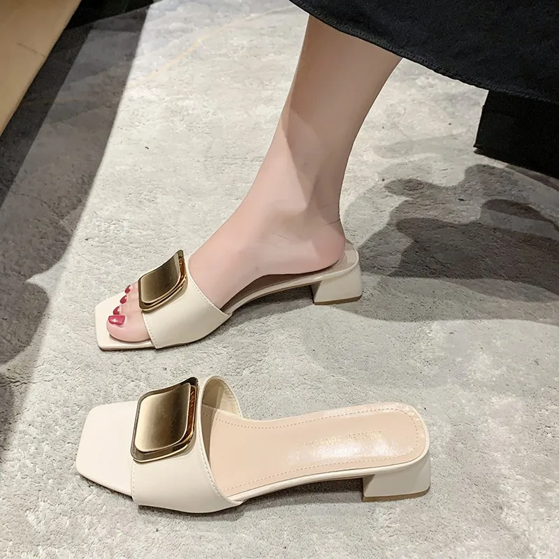 High Heel Sandals Summer New Square Head Metal Buckle Thick Heel Shoes Drag Light Lazy Flip-flops