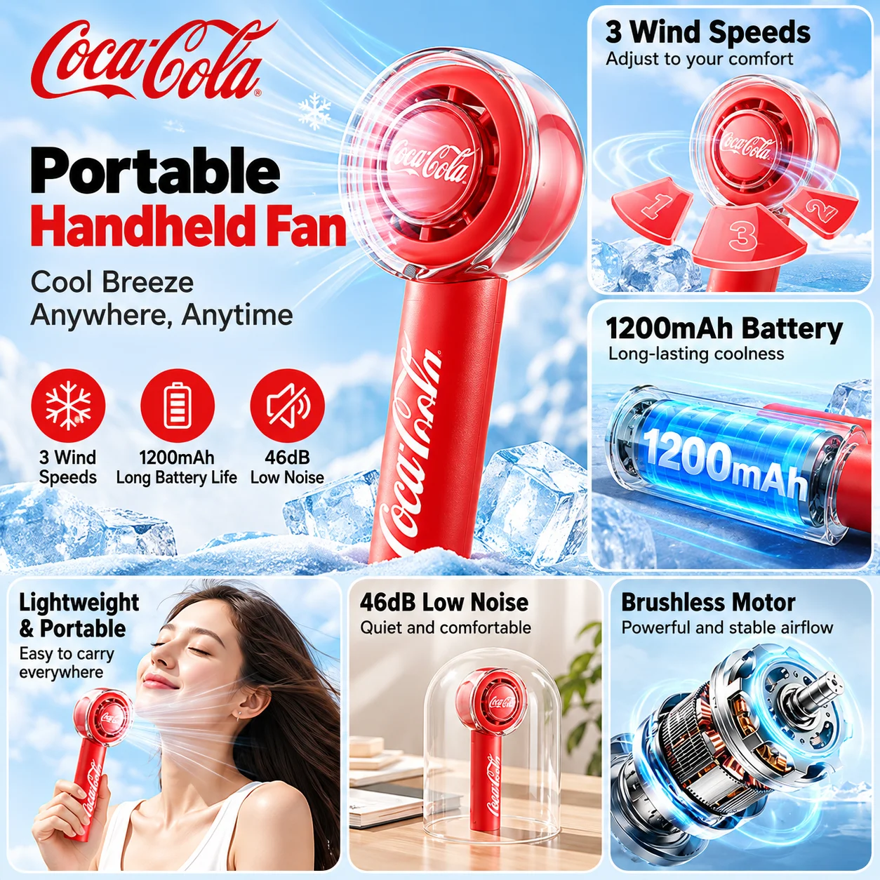 Coca Cola Portable Handheld Fan ,3 Wind Speeds,Pocket Fan 1200mAh USB Battery Rechargeable Mini Fan For Travel Camping Outdoor