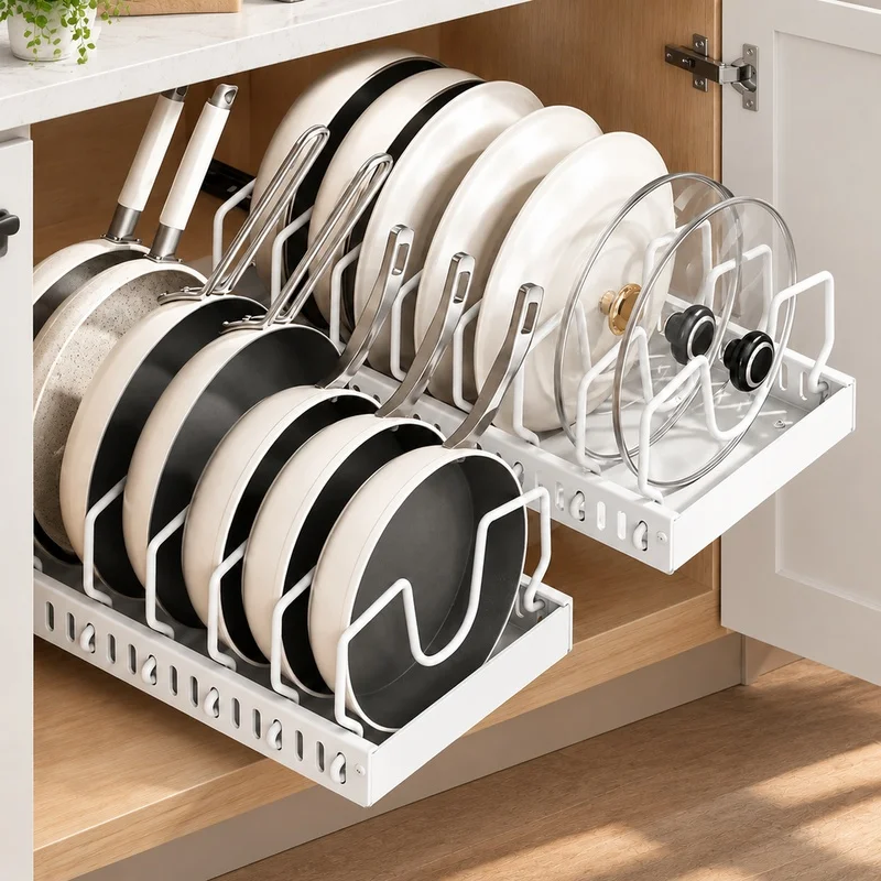 Adjustable Sliding Drawer Organizer for Kitchen Cabinets, Designed to Store Plates, Bowls, Pan Lids, and Spices