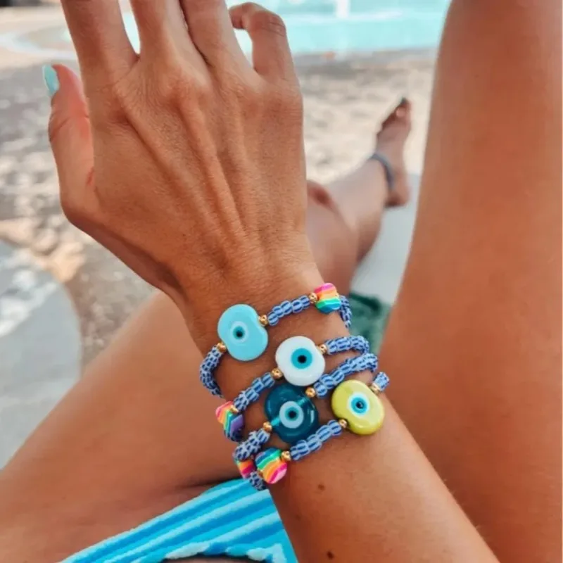 New Devil's Eye Rice Bead Bracelet Set with Blue and White Striped Small Rice Beads Elastic High Grade Bead Bracelet