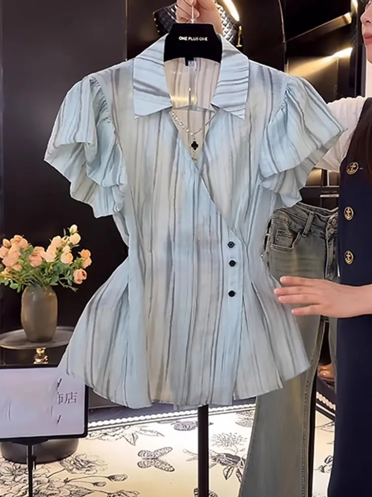 

Elegant Short Sleeve Shirt Women's Summer New Design Slimming Waist Bubble Sleeve Shirt Small Neck Regular Fit Striped S...