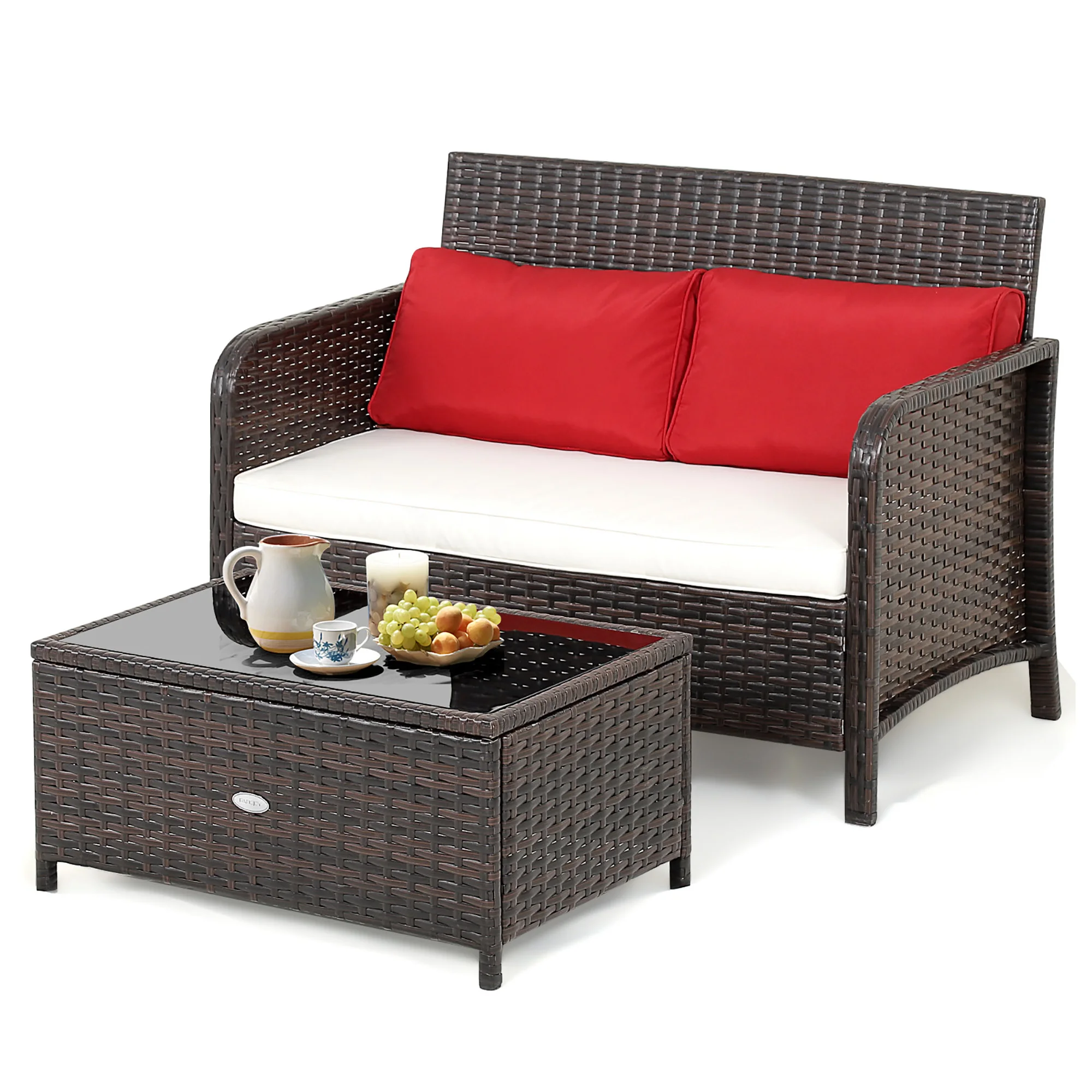 2PCS Patio Rattan Wicker Love-seat Coffee Table Set Cushioned Bench Garden Deck