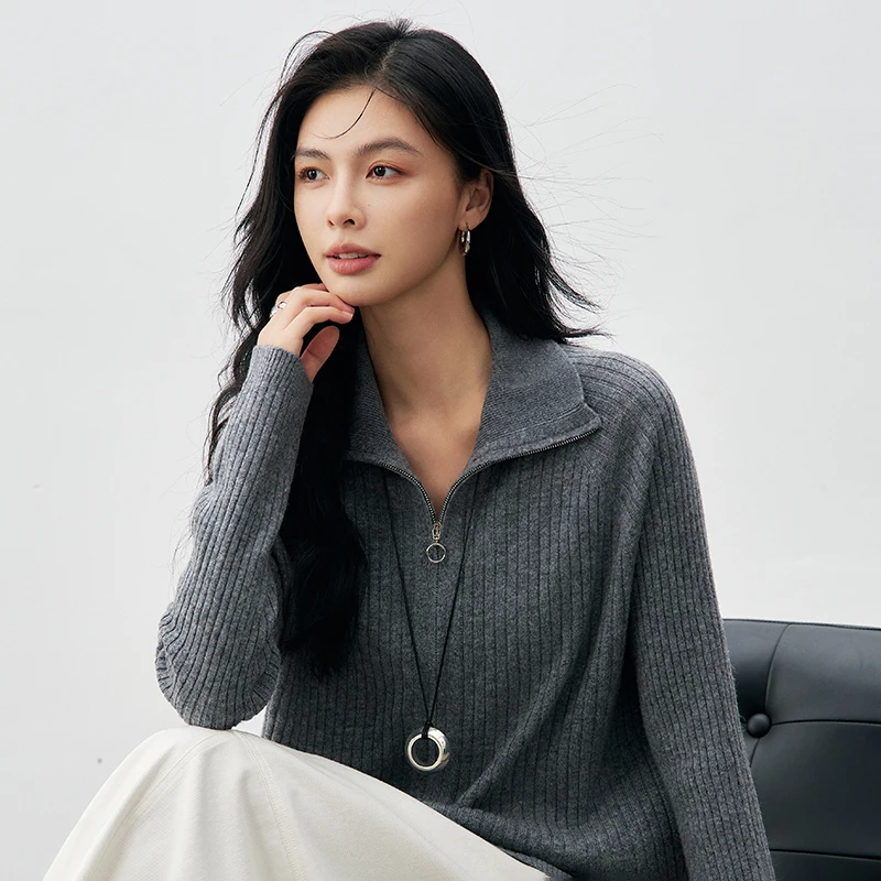 ฤดูใบไม้ผลิฤดูใบไม้ร่วง 100% ขนสัตว์ผู้หญิงเสื้อสเวตเตอร์ถักแขนยาวซิปความยืดหยุ่นสูงเสื้อกันหนาวนุ่มและBreathableคุณภาพสูงแฟชั่น