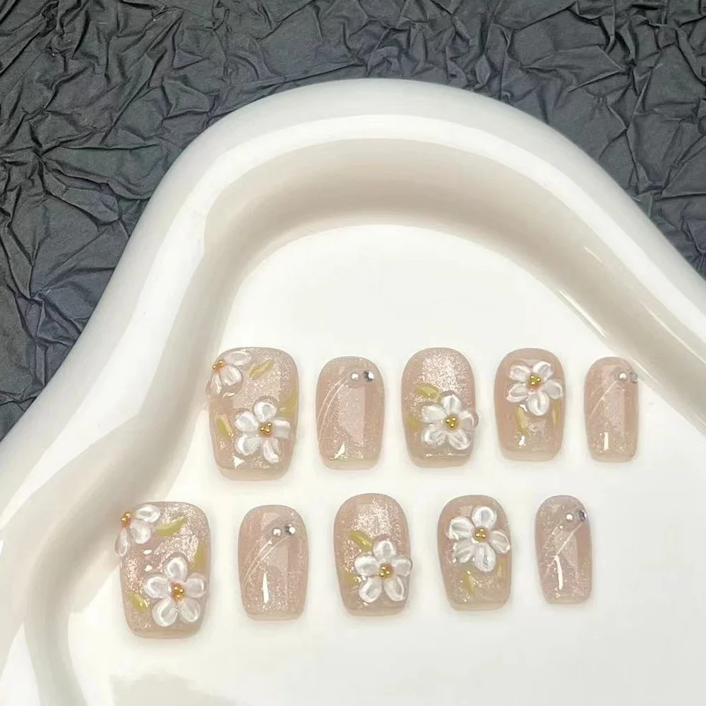 10 قطعة الأظافر اليدوية نصائح عارية عين القط التدرج تصميم أظافر صناعية الفن اللؤلؤ الماس قصيرة مربع وهمية مسمار اضغط على مجموعات الأظافر