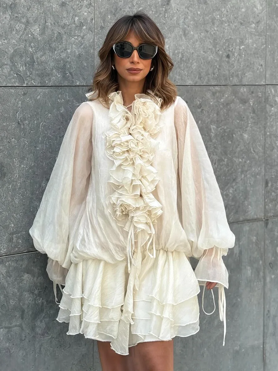

Women's Ruffled Floral Applique Mini Dress Sheer Organza Puff Sleeve Tie Neck Layered Ruffle Hem Elegant Party Dress
