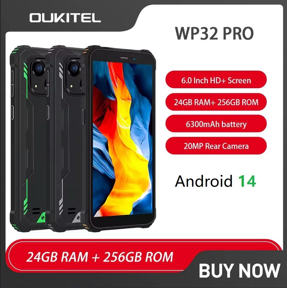 Oukitel WP32 Pro 4G Rugged Smartphone Android 14 6GB RAM+256GB ROM 6 Inch HD Octa Core Mobile Phone 6300mAh 20MP Cell phone NFC