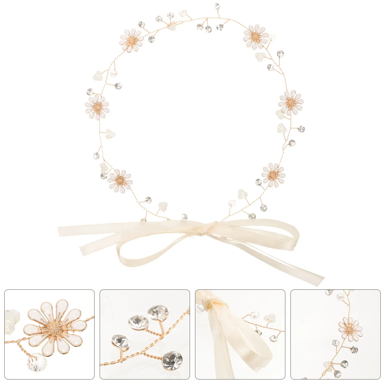 Daisy Flower Wreath Headband Elegant Alloy Floral Headdress Realistic Delicate Hair Crown for Wedding Bridal Photo Shoot Fairy