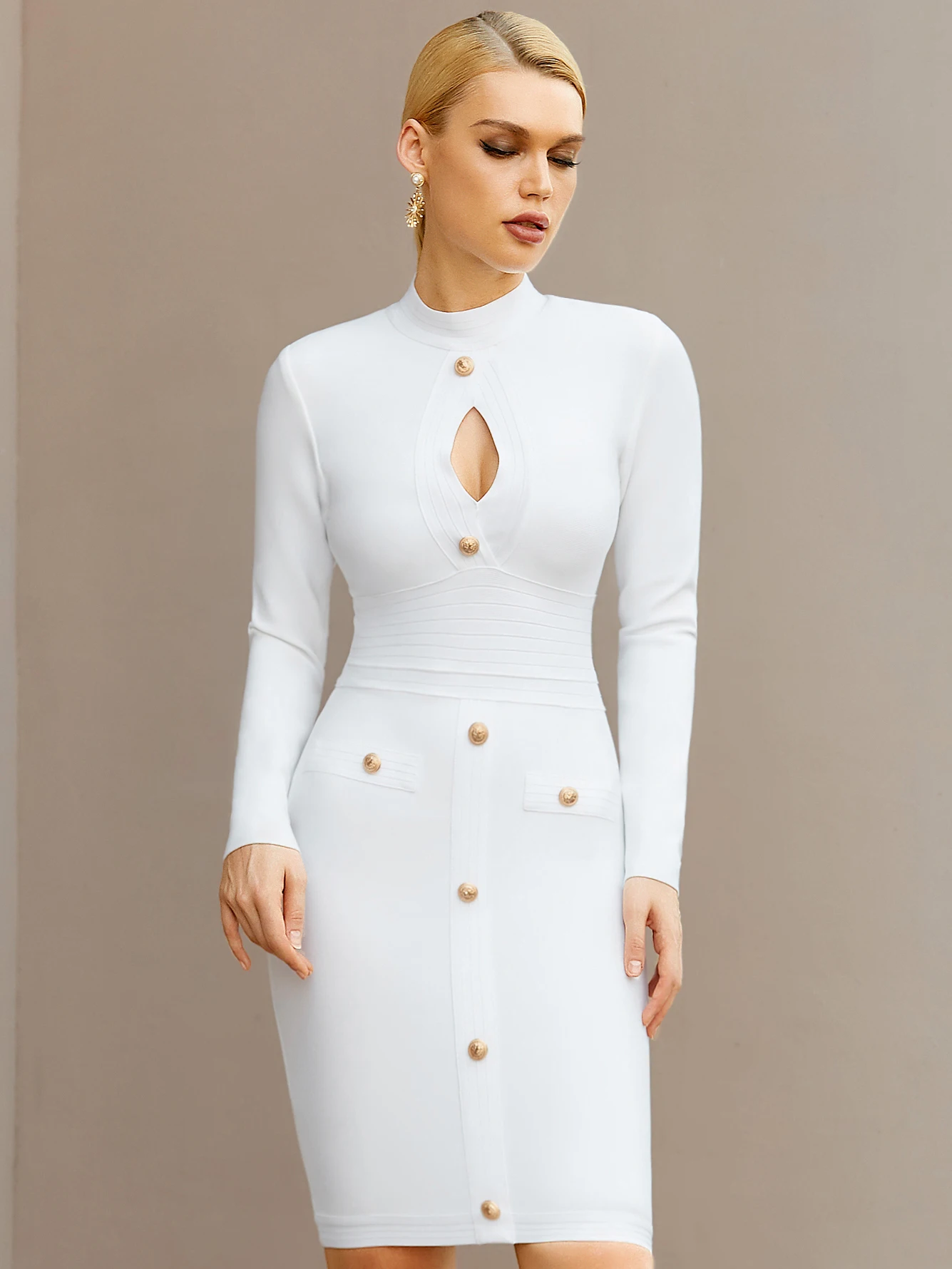 

Adyce New Arrivals Women White Long Sleeve Bodycon Bandage Celebrity Party Dress Sexy Hollow Out Buttons Club Runway Dress 2024