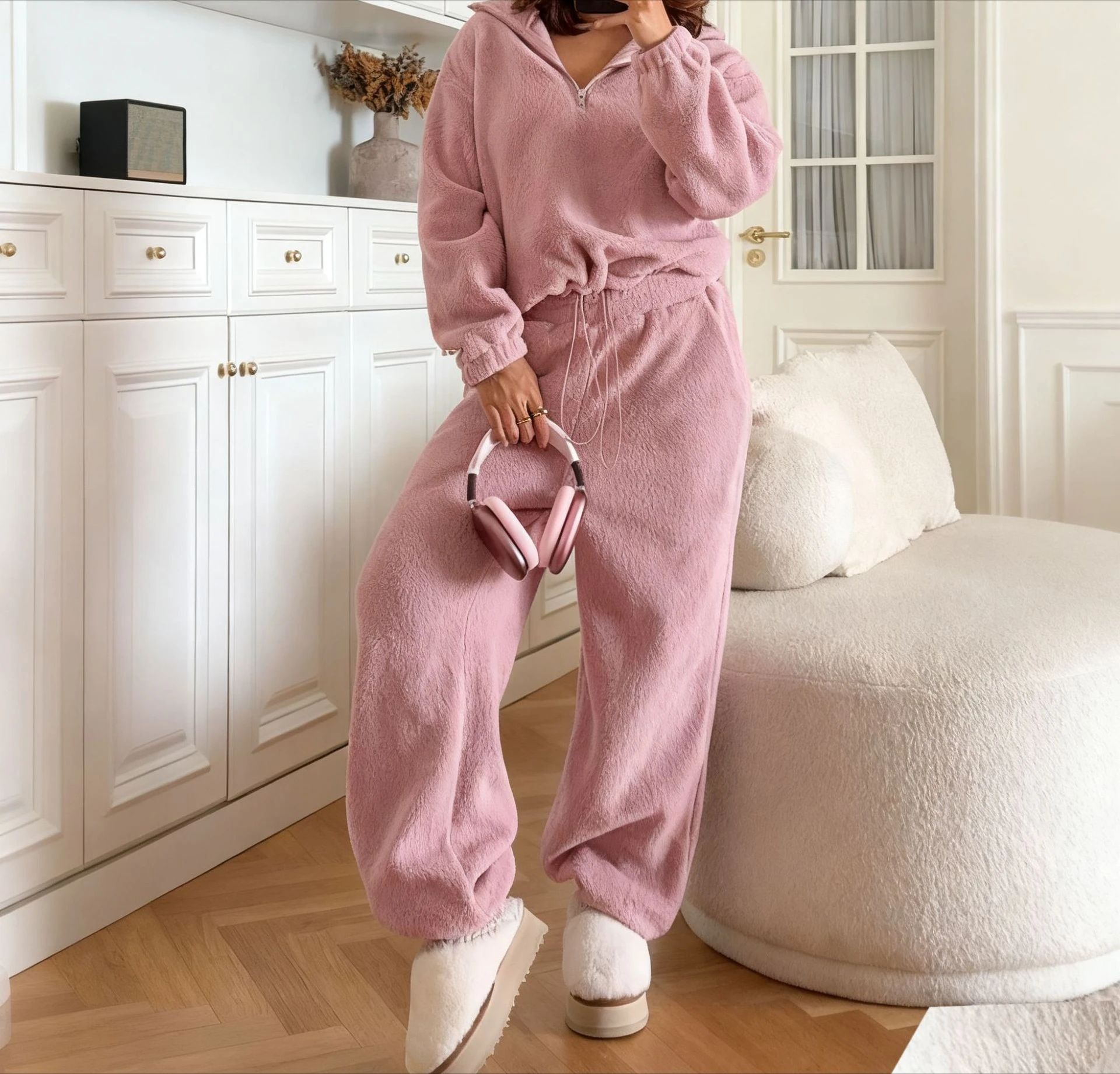 Winter Solid Color Plush Thick Half Zipper Lapel Pajama Set Long Sleeved Long Pants Home Wear