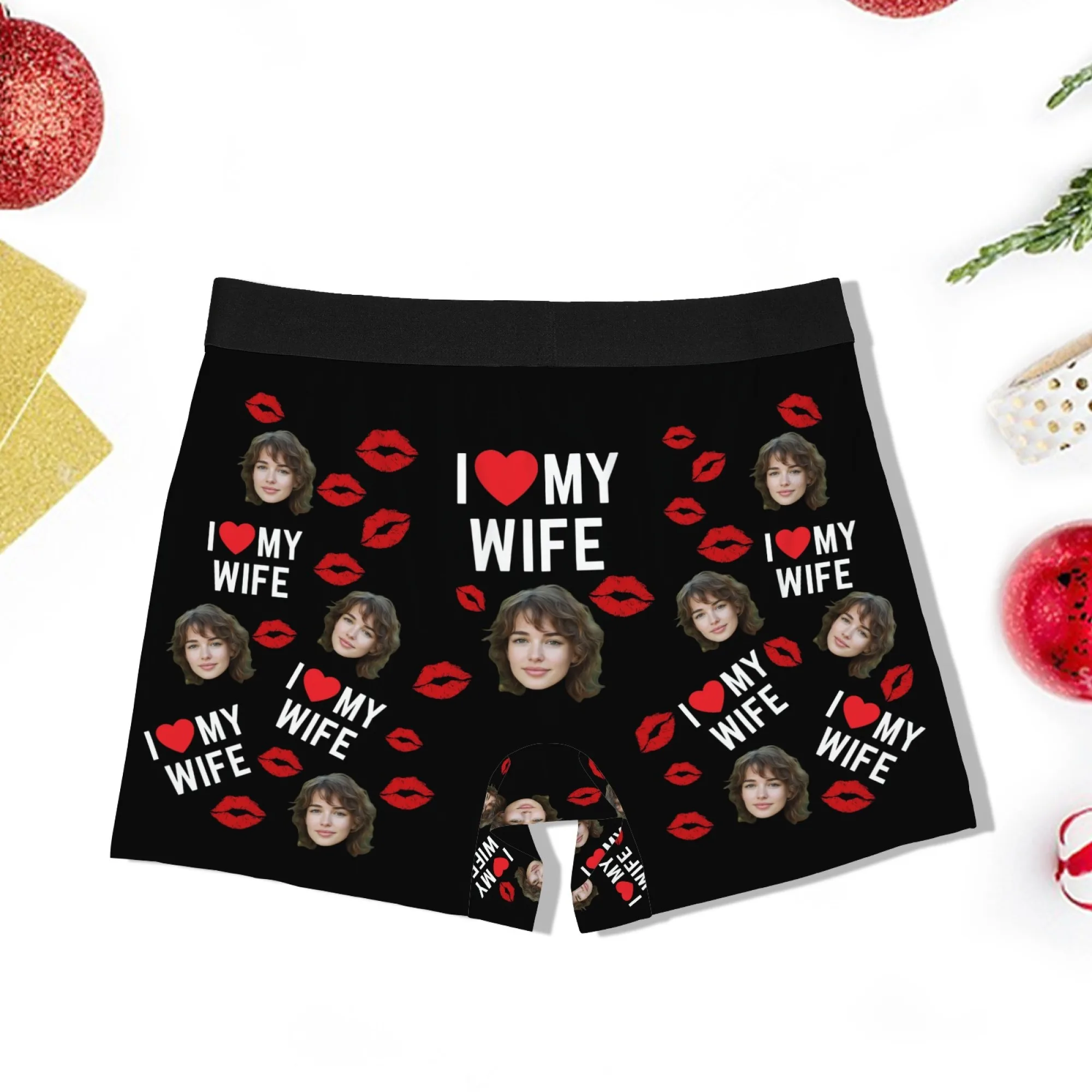 Romantyczny, słodki prezent na Walentynki dla męża - personalizowane bokserki z nadrukiem twarzy, czarne, z napisem \\\\\\\"Kocham MOJĄ ŻÓŁWĘ\\\\\\\" i czerwonym nadrukiem ust - wyjątkowy prezent.