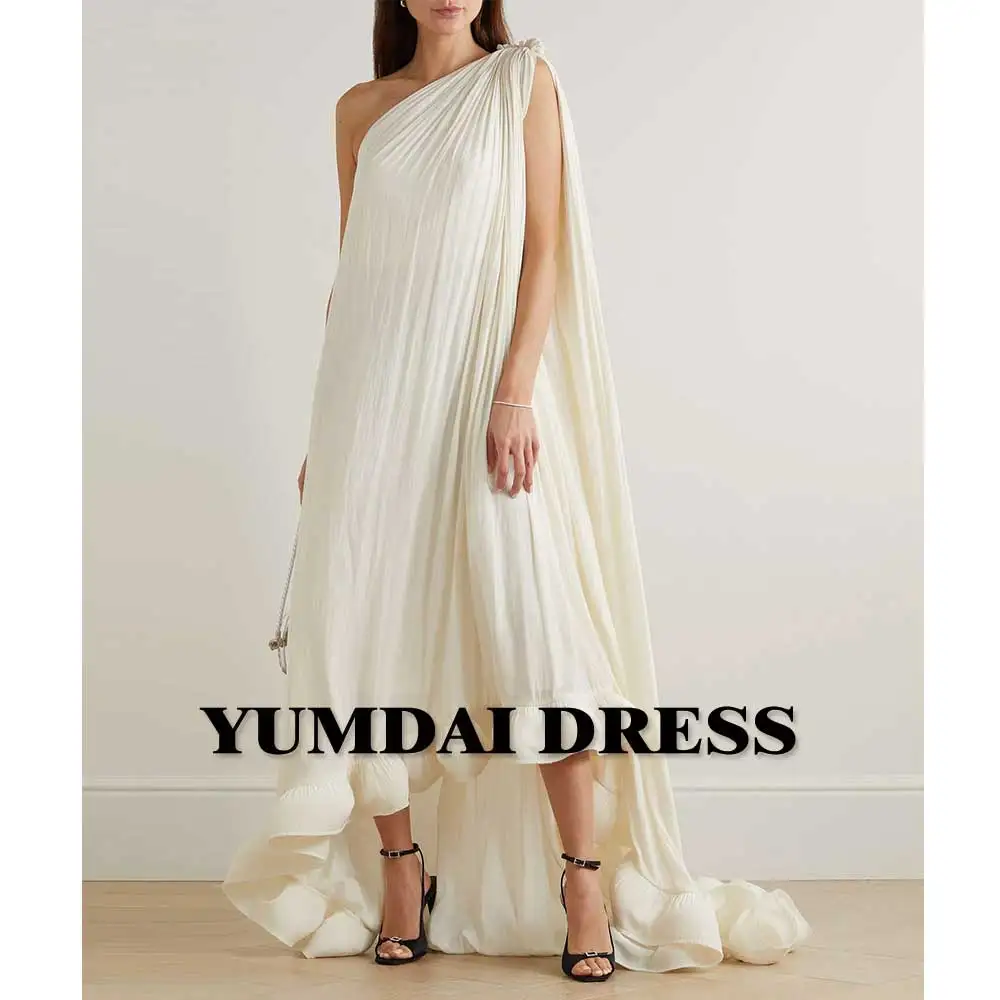 YUMDAI White Single Shoulder Sleeve Ruffled Evening Dress Semi-formal Gown 15 Years Old Bar Mitzvah Party Beige Dress