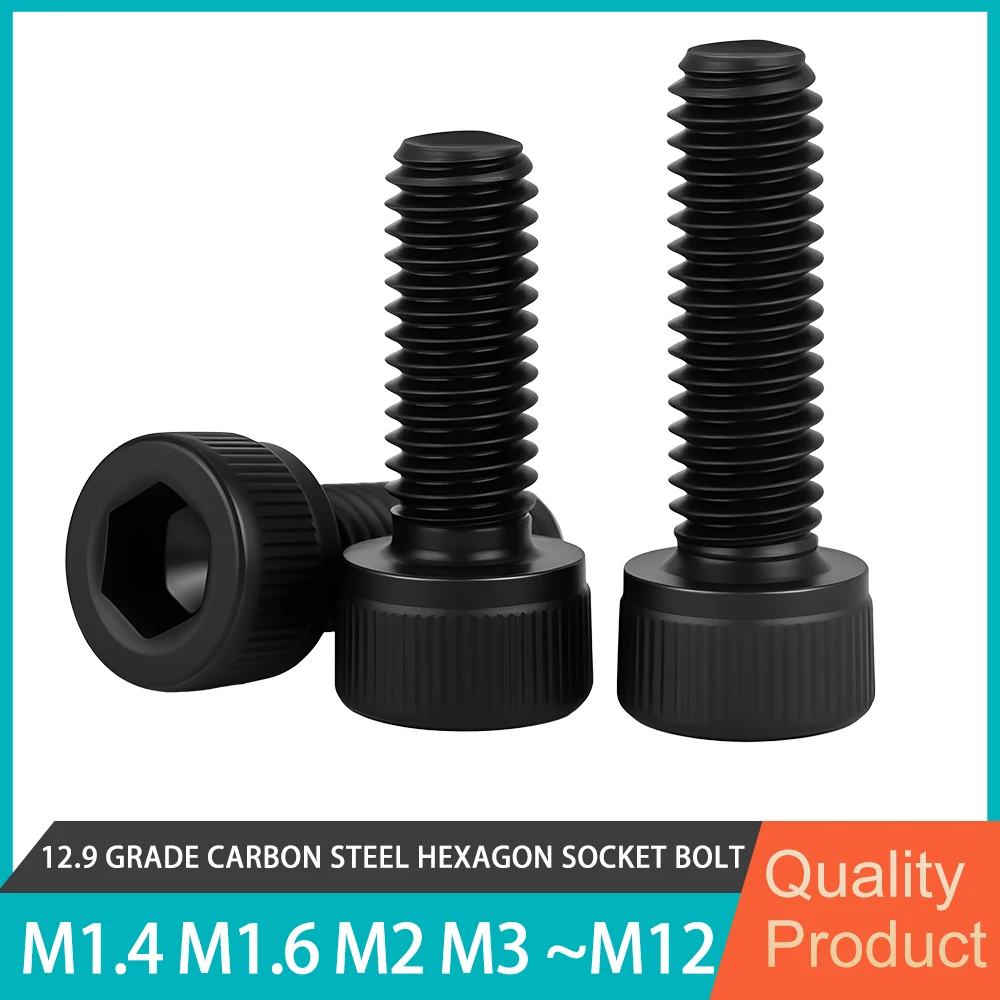 DIN912 12.9 Grade Carbon Steel Hex Socket Cap Head Screw Hexagon Allen Bolts M1.4M1.6 M2 M2.5 M3 M4 M5 M6 M8 M10 M12 3Pcs-150Pcs