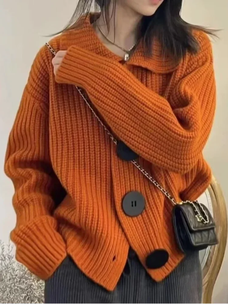 

Европейский и американский осенне-зимний женский кардиган с v-образным вырезом и длинными рукавами, свободный модный вязаный свитер с большими пуговицами и лацканами