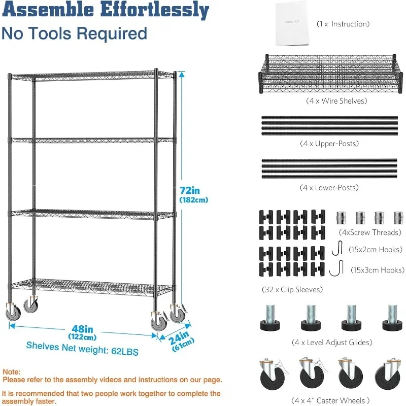 Wire Shelving Unit with Wheels, NSF Certified 4 Tier Adjustable Storage Shelves 48"×24"×72", 2400LBS Heavy Duty Shelving Commerc