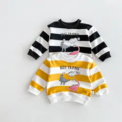 Autumn new male and female babies cute dinosaur print striped long-sleeved hoodie base shirt baby T-shirt Fashion Baby Clothing