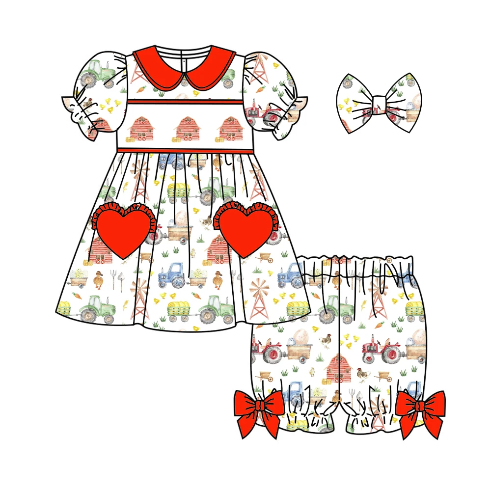 Summer Kids Cute Pajamas Toddler Boys Girls Farm Animal Tractor Outfit Dress Bloomers Top Shorts Set