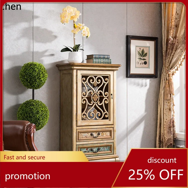 

HXL Champagne Color Hollow Out Chest of Drawers Wine Cabinet Distressed Solid Wood Storage Entrance Cabinet