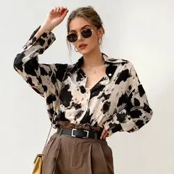 Spring Cow Print Button Up Shirts Women Long Sleeve Blouse Korean Fashion Women Loose Clothes Chiffon Shirt Streetwear Tops New