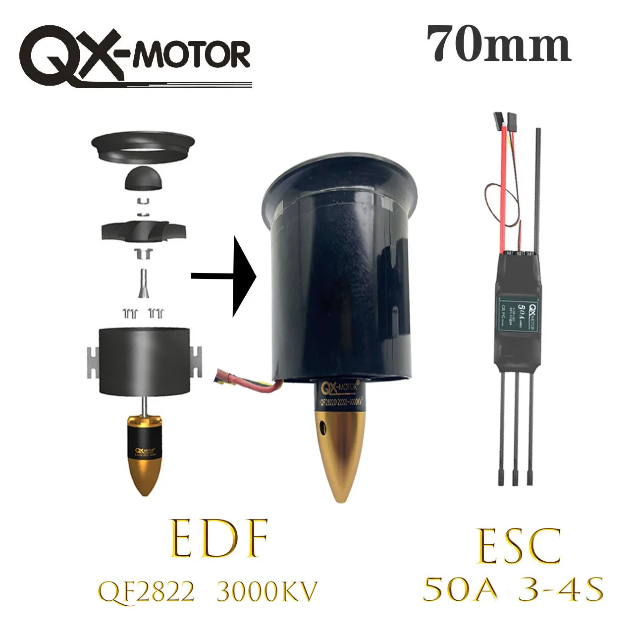 QX-MOTOR   70mm EDF 6 Blades QF2822(2222)-3000KV Brushless Motor With 50A 4s ESC For RC Remote Control Toy Accessories