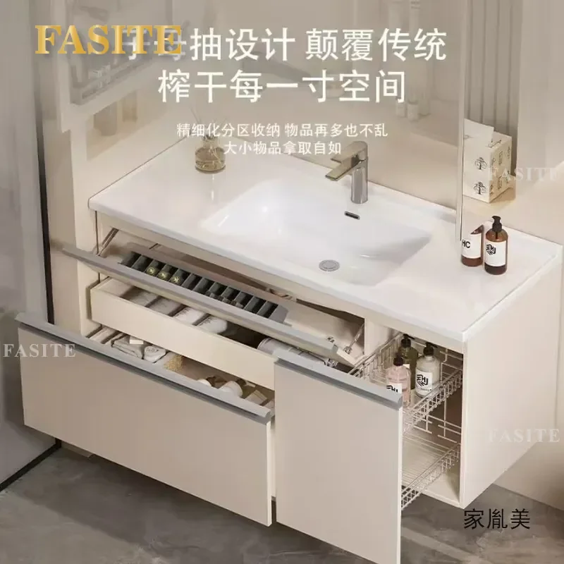 Cream Ceramic Integrated Basin Bathroom Vanity Cabinet With Pull Out Basket Smart Storage Combo For Toilet Hand Face Wash