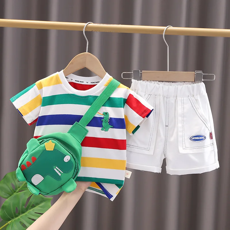 Summer Cute Cartoon Dinosaur Fashion Children O-neck T-shirt+Shorts+Bag Toddler Baby Boys Girls Clothes Set New Kids Tracksuits