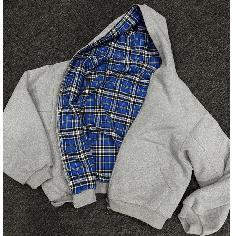 Splicing Double-Sided Printed Open Top Hooded Sweatshirt Men's Plaid Lining Popular American Retro Loose Hooded Jacket