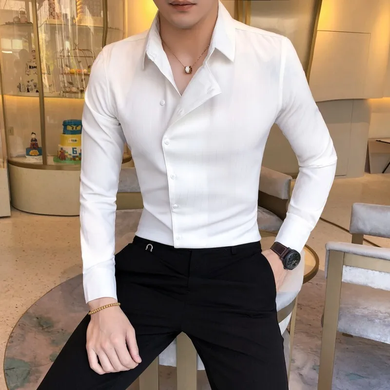 High Quality Solid Color Shirt Dress Brand New Slim Fit Men Shirt Solid  Long Sleeve Shirts Men Camisa Masculina Tuxedo Clothes