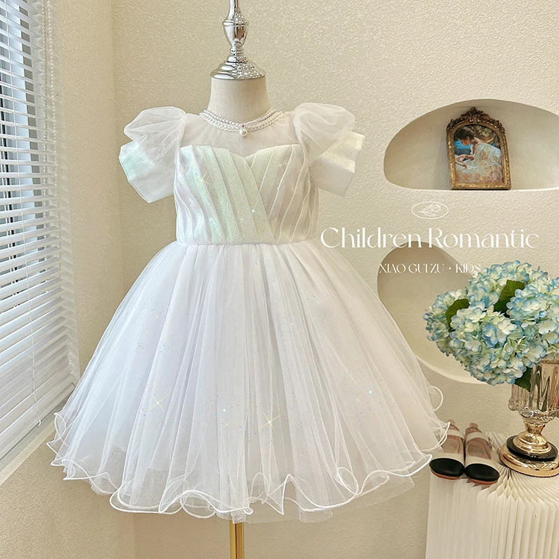 Vestidos de Fiesta blancos de verano para niña, vestidos de baile de rendimiento de boda con flores, volantes de cuentas, vestido de princesa de tul con lazo