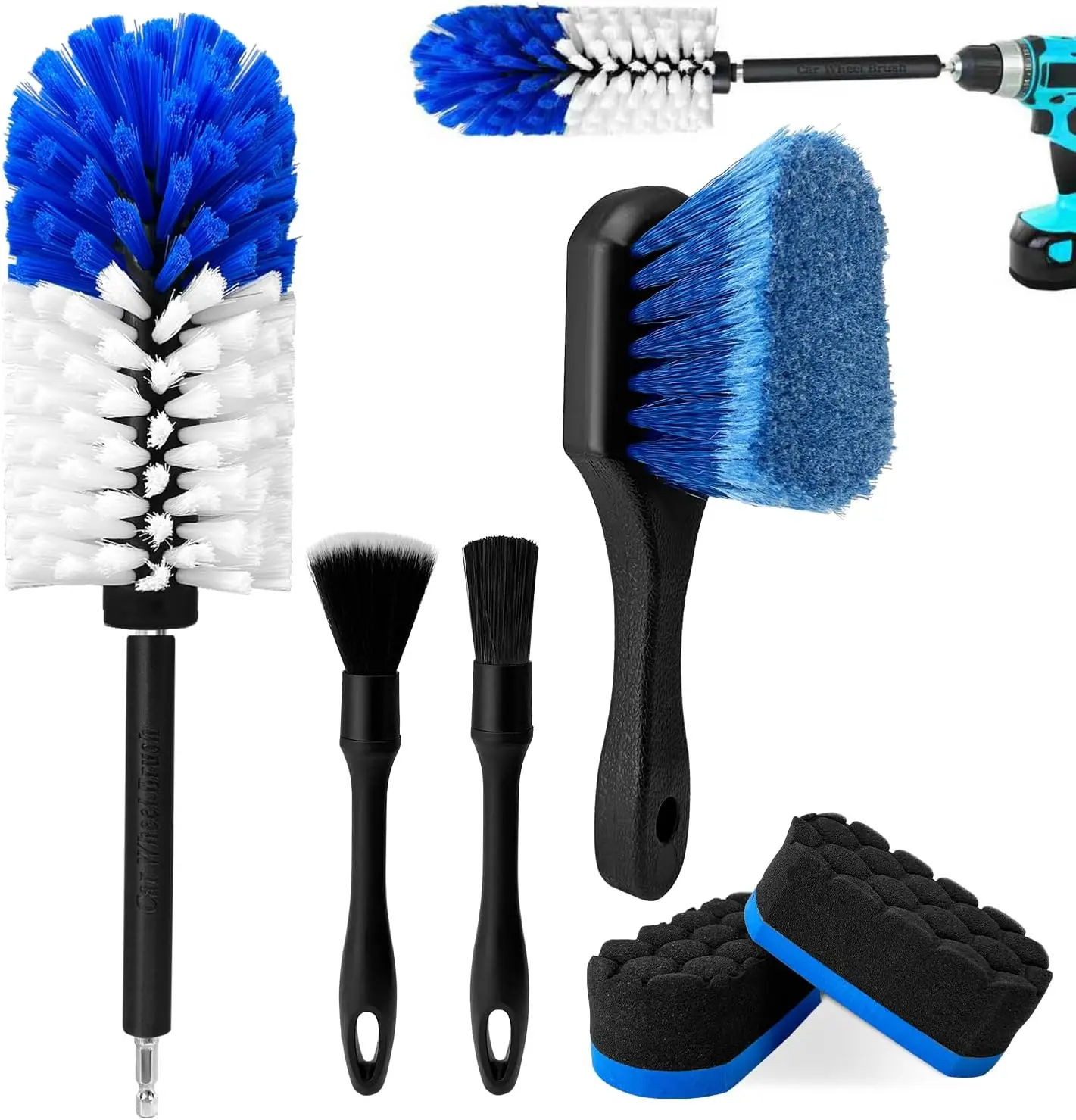 Soft Drill Wheel Cleaner Brush Kit, Tire & Rim Cleaning Tools, No Scratches for Cars and Motorcycles (Blue+White, 6 Pack)