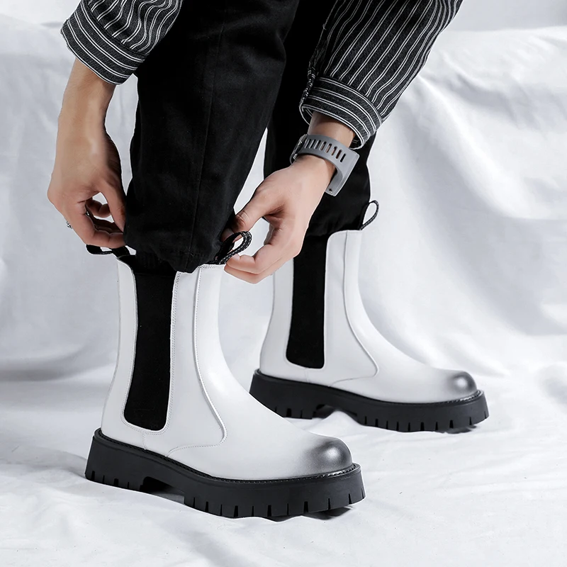 men fashion high chimney boots black white shoes party nightclub dress autumn winter boot genuine leather platform chelsea botas
