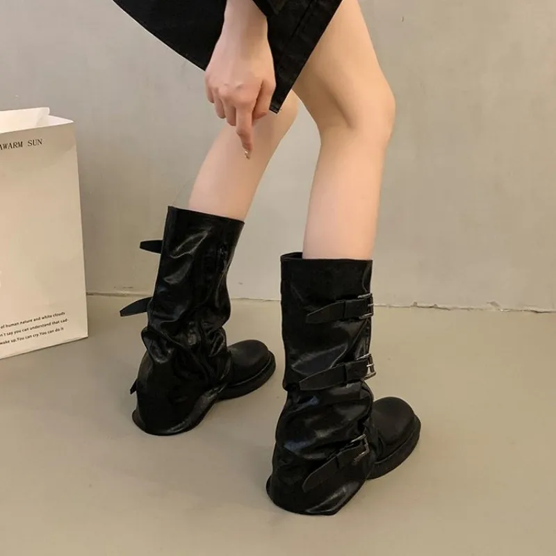 Runde Lederriemen-Schnallenstiefel für Damen - Frühjahr/Herbst neuer Stil, Retro schwarze Denim-Stiefel, Ritterstiefel, schlanke halbhohe Stiefel – Detail 12