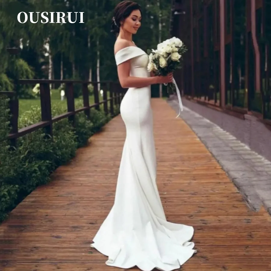 OUSIRUI abiti da sposa senza schienale Custom Made Sweep Train eleganti abiti da sposa a sirena con scollo a v fuori dalla spalla Vestidos De Novia