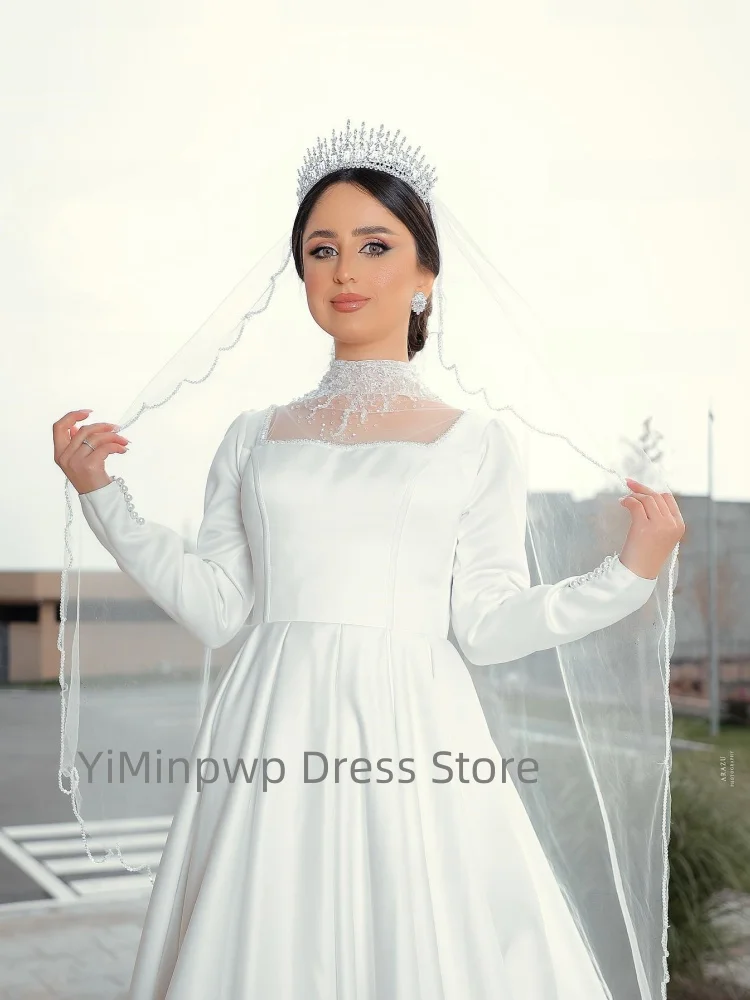 فساتين حفلات الزفاف المقدسة رقبة عالية وأكمام طويلة على شكل حرف a فستان عرائس مع خرز فستان زفاف الكنيسة مخصص رداء السهرة