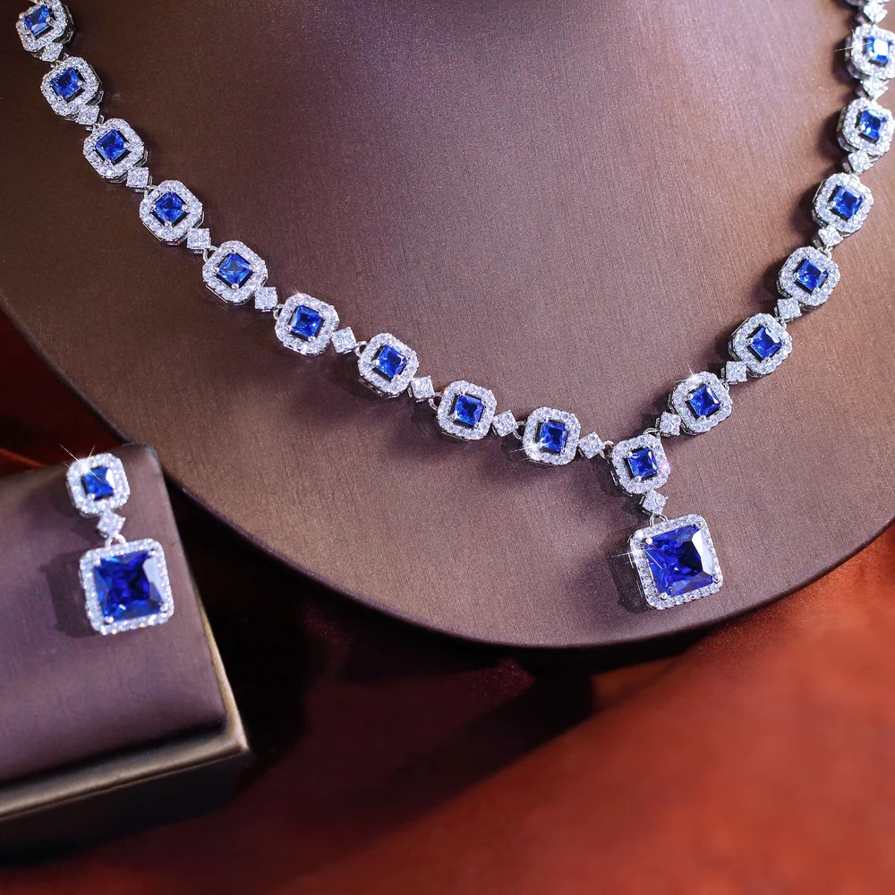 

Pera Gorgeous Blue Tanzanite&CZ Paved Square Pendant Necklace Earrings Luxury Wedding Jewelry Sets for Women Banquet Dress J402